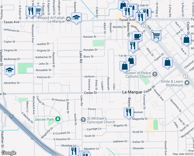 map of restaurants, bars, coffee shops, grocery stores, and more near 1007 Pirtle Street in La Marque