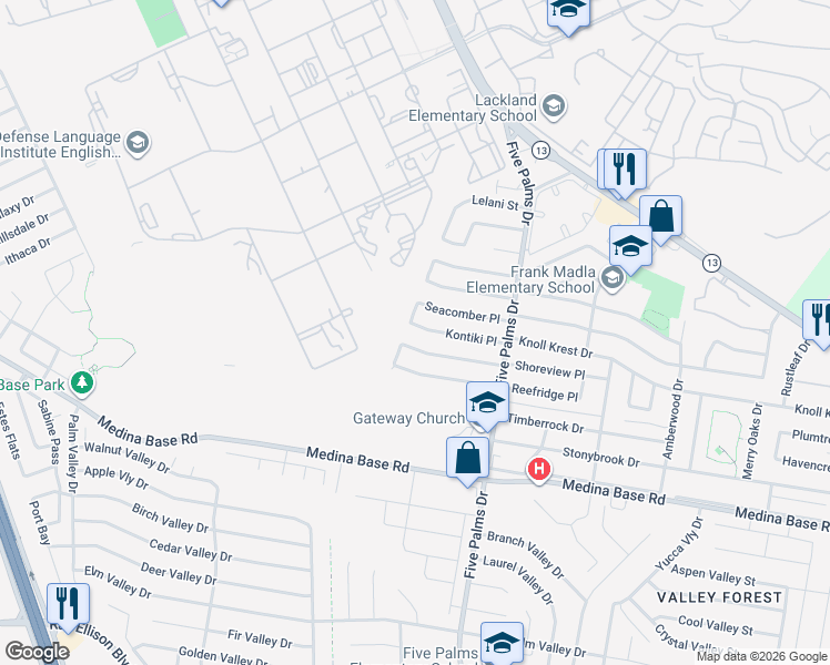 map of restaurants, bars, coffee shops, grocery stores, and more near 147 Shoreview Place in San Antonio