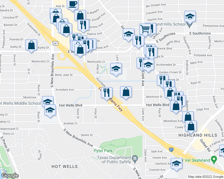 map of restaurants, bars, coffee shops, grocery stores, and more near 764 Avondale Ave in San Antonio