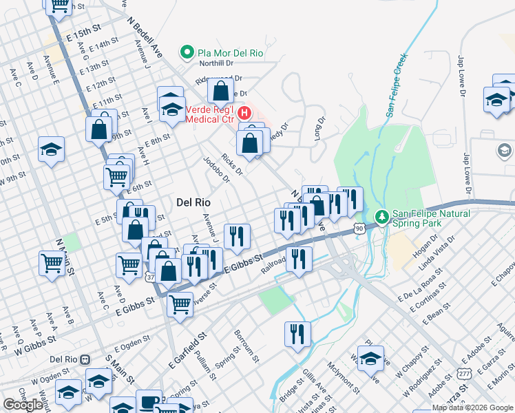 map of restaurants, bars, coffee shops, grocery stores, and more near 1109 East 2nd Street in Del Rio