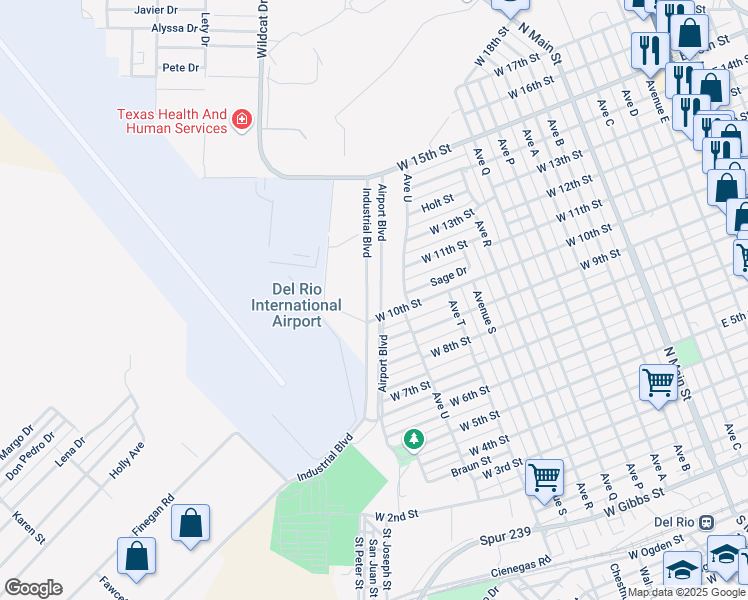 map of restaurants, bars, coffee shops, grocery stores, and more near 983-1099 West 10th Street in Del Rio
