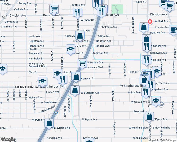 map of restaurants, bars, coffee shops, grocery stores, and more near 834 Fitch Street in San Antonio