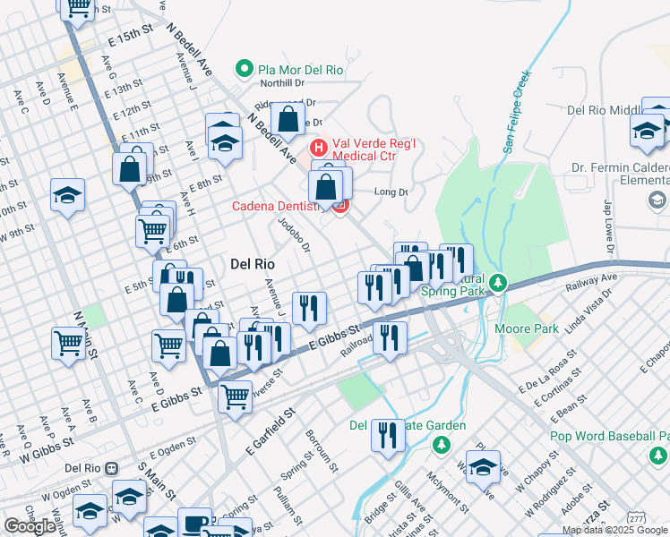 map of restaurants, bars, coffee shops, grocery stores, and more near 1109 East 2nd Street in Del Rio