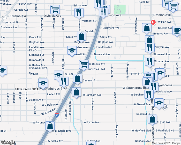 map of restaurants, bars, coffee shops, grocery stores, and more near 834 Fitch Street in San Antonio