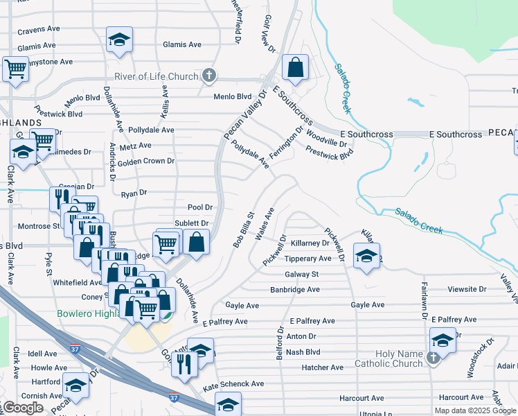 map of restaurants, bars, coffee shops, grocery stores, and more near 5707 Wales Street in San Antonio