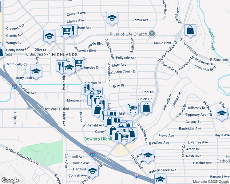 map of restaurants, bars, coffee shops, grocery stores, and more near 119 Pool Drive in San Antonio