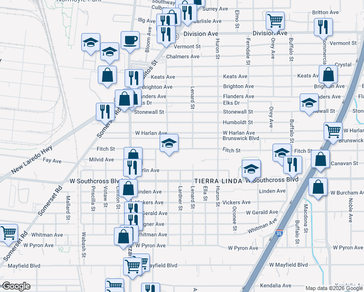 map of restaurants, bars, coffee shops, grocery stores, and more near 1312 West Harlan Avenue in San Antonio