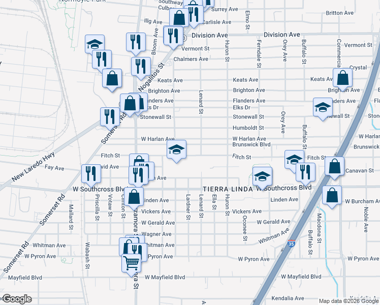map of restaurants, bars, coffee shops, grocery stores, and more near 1312 West Harlan Avenue in San Antonio
