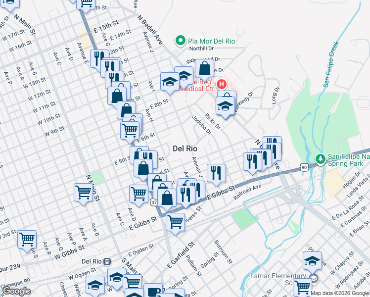 map of restaurants, bars, coffee shops, grocery stores, and more near in Del Rio