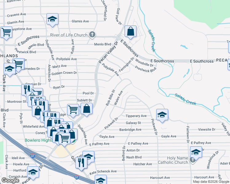 map of restaurants, bars, coffee shops, grocery stores, and more near 3407 Bob Billa Street in San Antonio