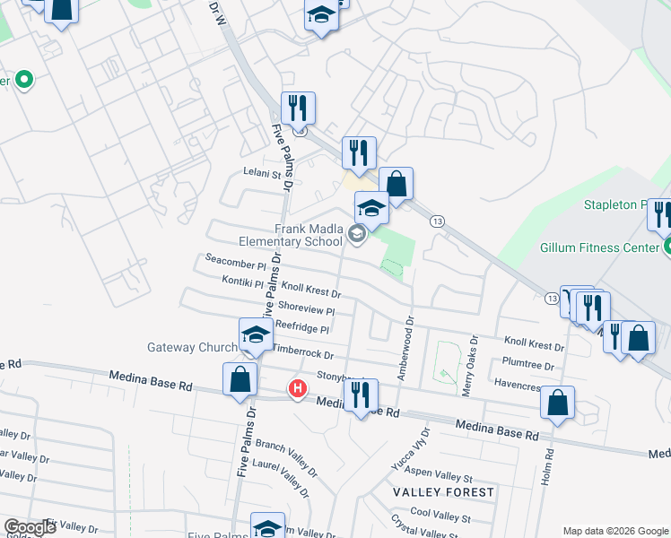 map of restaurants, bars, coffee shops, grocery stores, and more near 6002 Windyhill Drive in San Antonio