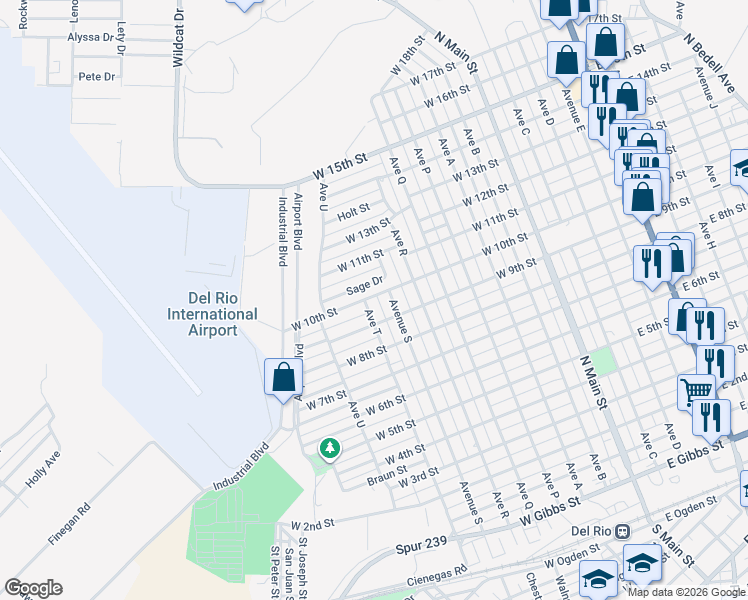 map of restaurants, bars, coffee shops, grocery stores, and more near 715 Sage Drive in Del Rio