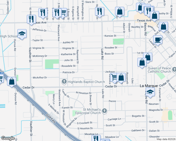 map of restaurants, bars, coffee shops, grocery stores, and more near 2617 Stonewall in La Marque