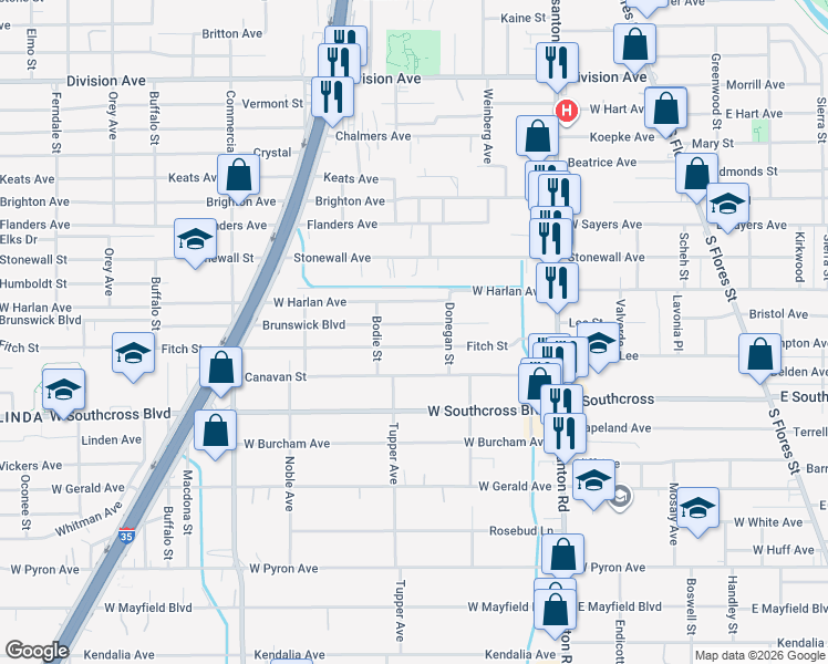 map of restaurants, bars, coffee shops, grocery stores, and more near 621 Brunswick Boulevard in San Antonio