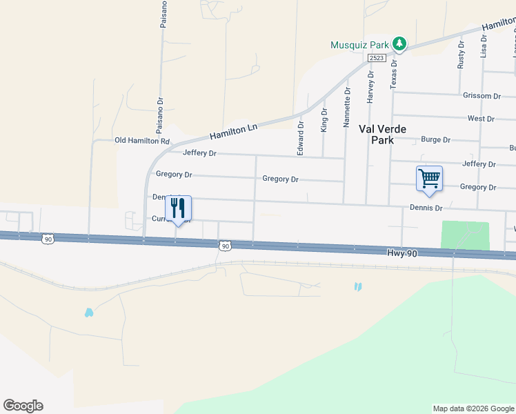 map of restaurants, bars, coffee shops, grocery stores, and more near 202 Dennis Drive in Del Rio