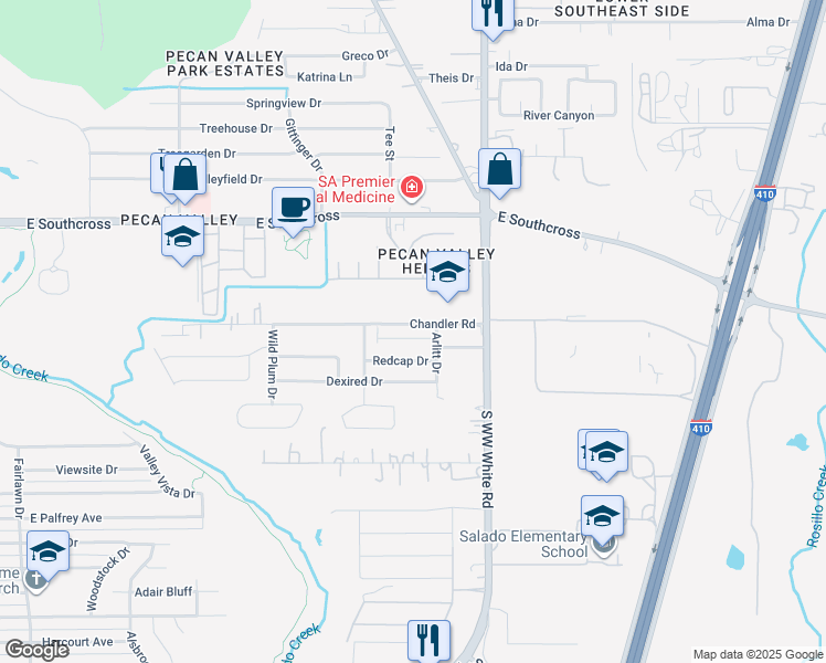map of restaurants, bars, coffee shops, grocery stores, and more near 4420 Chandler Road in San Antonio