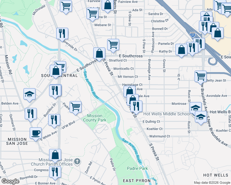 map of restaurants, bars, coffee shops, grocery stores, and more near 652 Riverside Drive in San Antonio