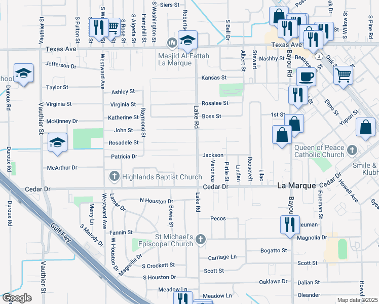 map of restaurants, bars, coffee shops, grocery stores, and more near 2506 Jackson in Texas City
