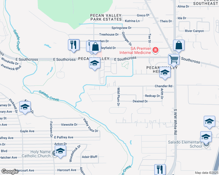 map of restaurants, bars, coffee shops, grocery stores, and more near 4124 Chandler Road in San Antonio