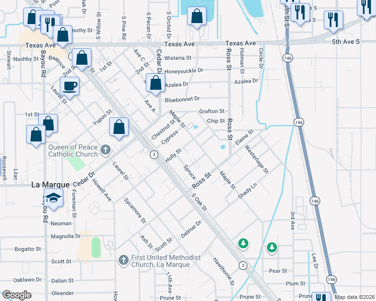 map of restaurants, bars, coffee shops, grocery stores, and more near 831 Holly Street in La Marque