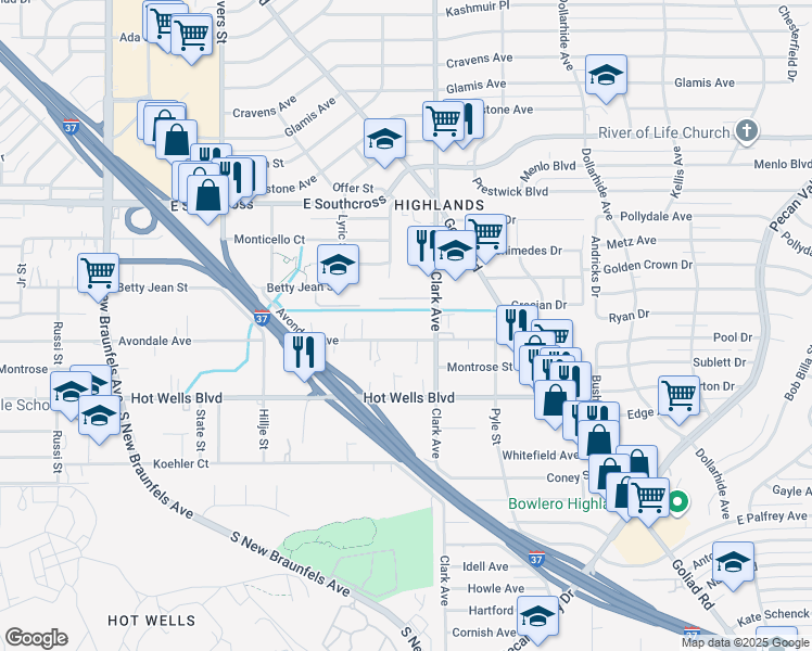 map of restaurants, bars, coffee shops, grocery stores, and more near 851 Avondale Avenue in San Antonio