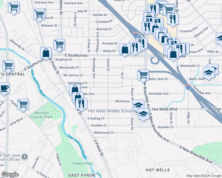 map of restaurants, bars, coffee shops, grocery stores, and more near 1919 Lennon Avenue in San Antonio