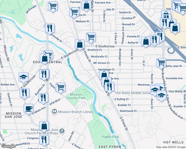 map of restaurants, bars, coffee shops, grocery stores, and more near 652 Riverside Drive in San Antonio