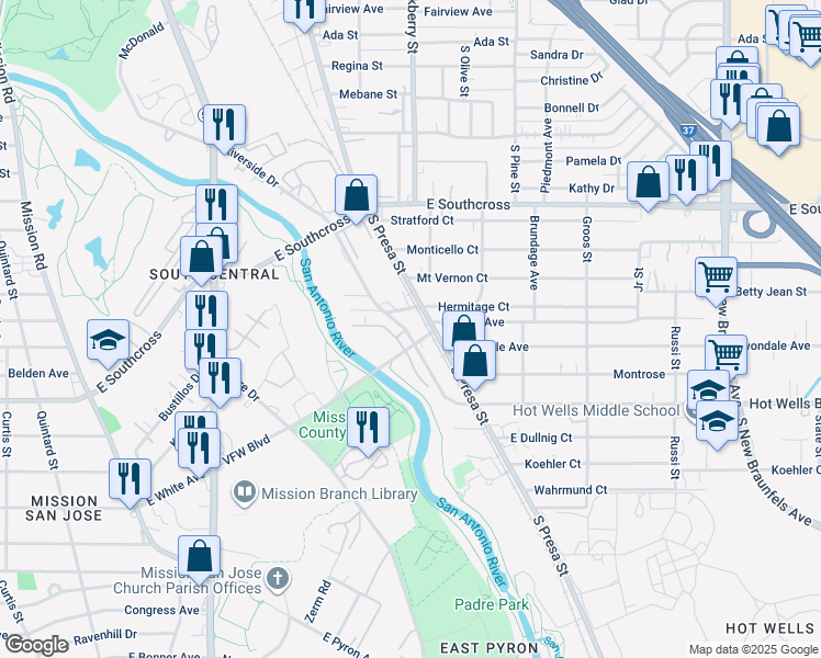 map of restaurants, bars, coffee shops, grocery stores, and more near 652 Riverside Drive in San Antonio