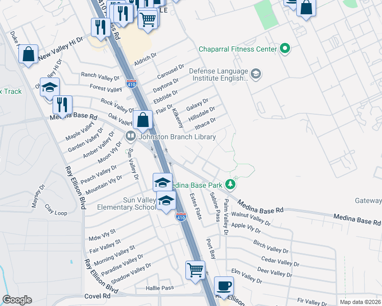 map of restaurants, bars, coffee shops, grocery stores, and more near 7111 Heathers Place in San Antonio