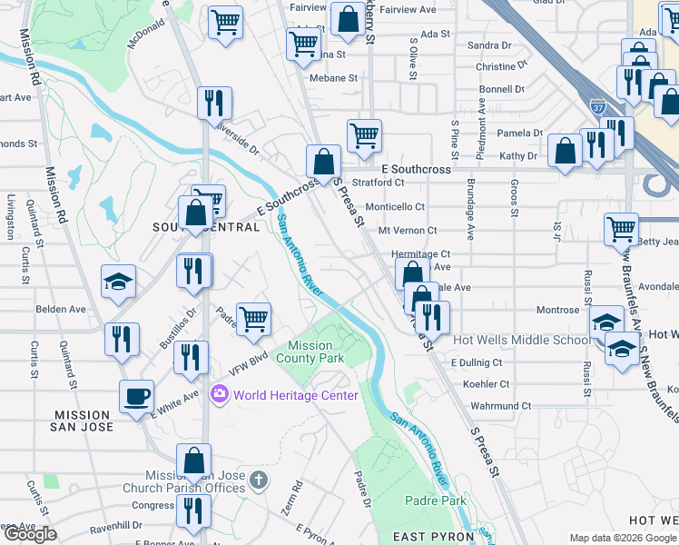 map of restaurants, bars, coffee shops, grocery stores, and more near 206 West Hermitage Court in San Antonio
