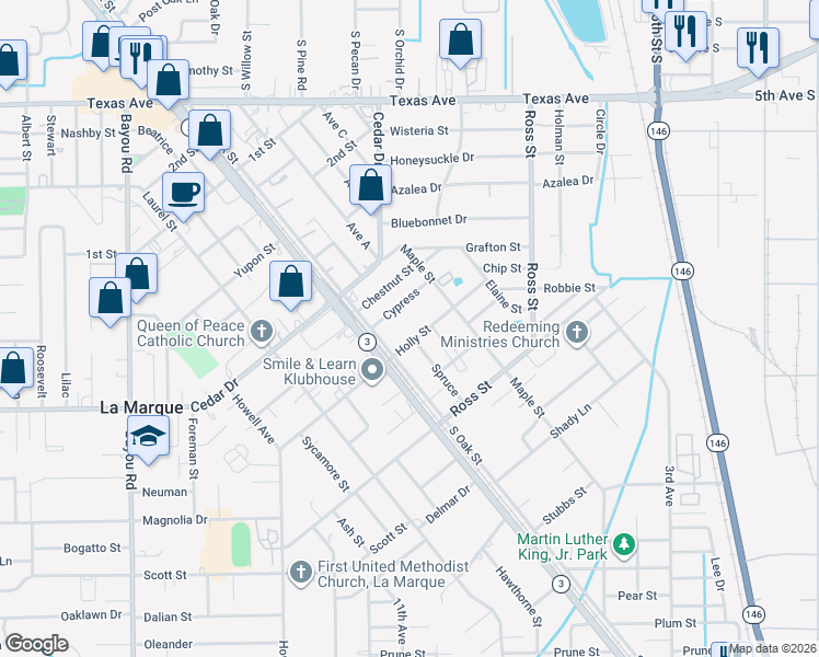 map of restaurants, bars, coffee shops, grocery stores, and more near 840 Holly Street in La Marque