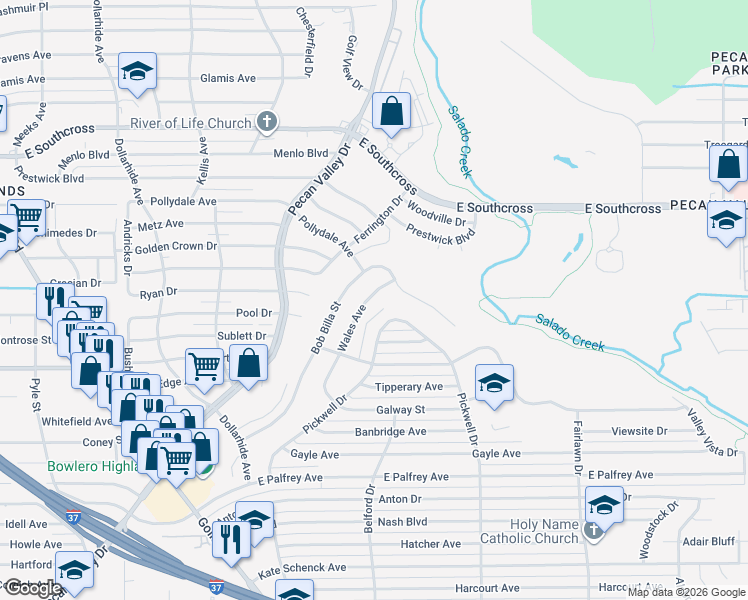 map of restaurants, bars, coffee shops, grocery stores, and more near 5502 Wales Street in San Antonio