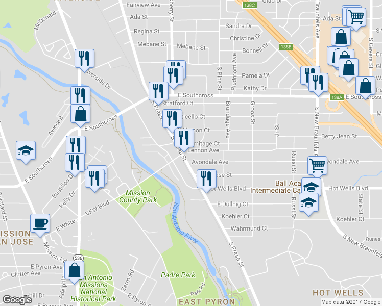 map of restaurants, bars, coffee shops, grocery stores, and more near 1522 Lennon Avenue in San Antonio