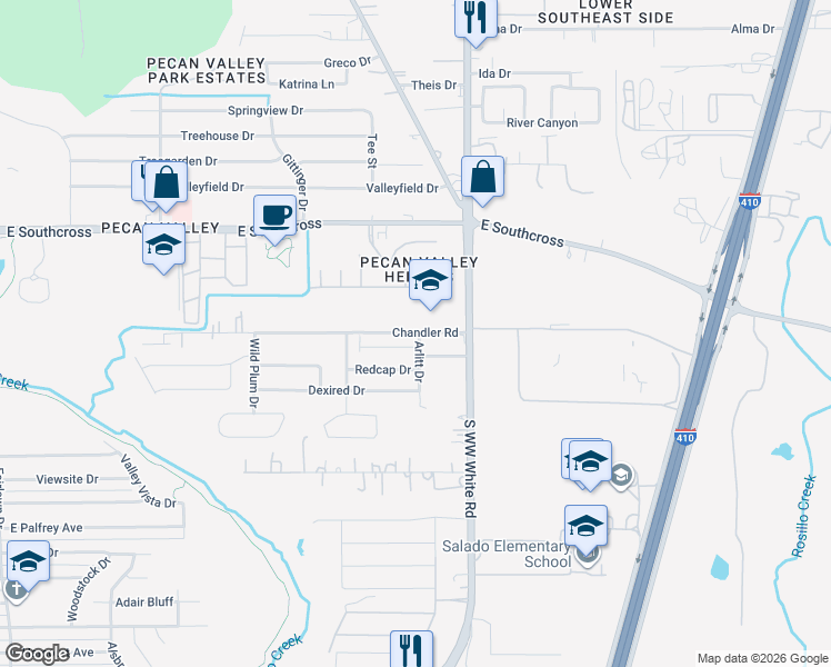 map of restaurants, bars, coffee shops, grocery stores, and more near 4427 Chandler Road in San Antonio
