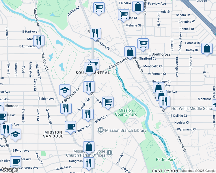 map of restaurants, bars, coffee shops, grocery stores, and more near 2900 Roosevelt Avenue in San Antonio