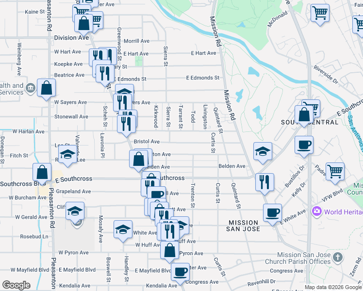 map of restaurants, bars, coffee shops, grocery stores, and more near 214 Bristol in San Antonio