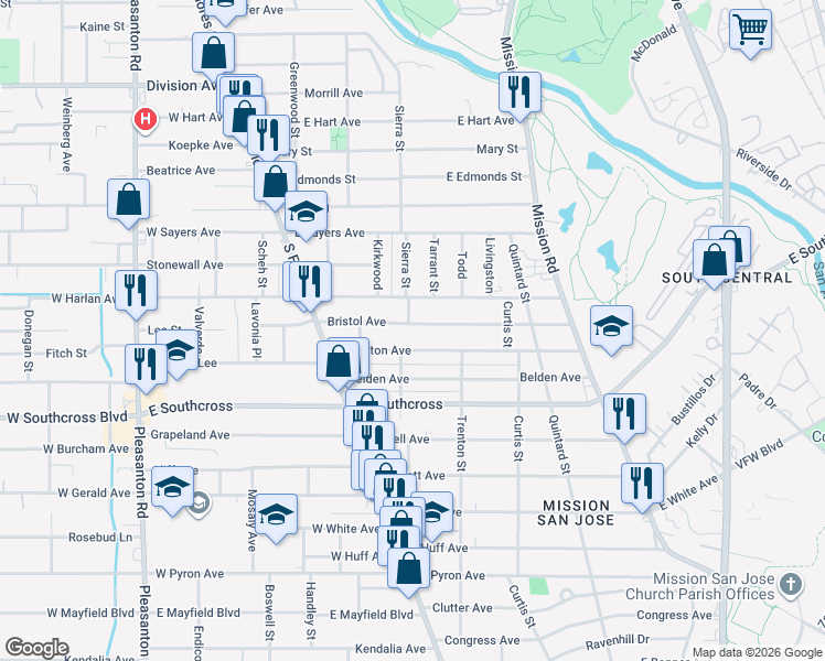 map of restaurants, bars, coffee shops, grocery stores, and more near 214 Bristol in San Antonio