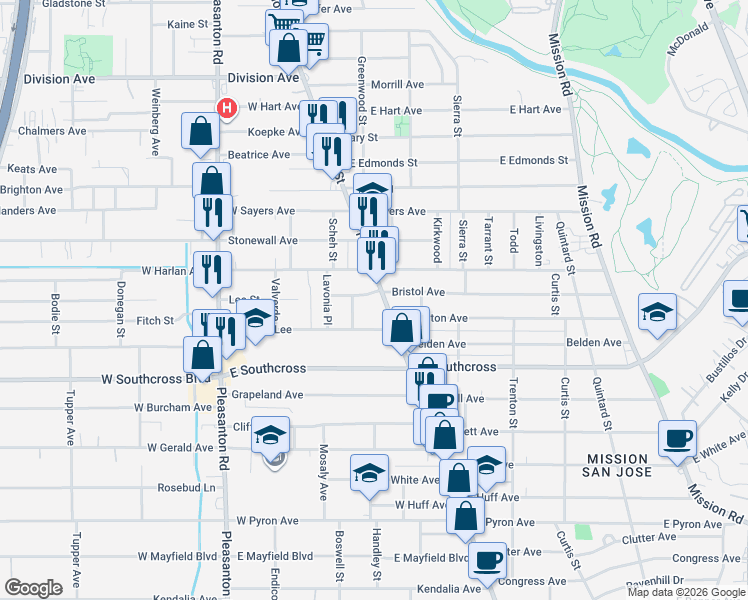 map of restaurants, bars, coffee shops, grocery stores, and more near 5501 South Flores Street in San Antonio