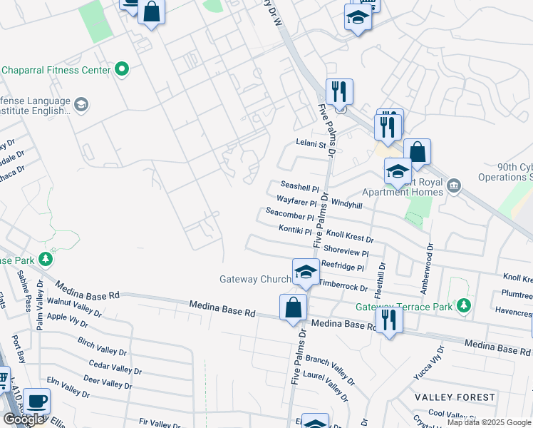 map of restaurants, bars, coffee shops, grocery stores, and more near 151 Seacomber Place in San Antonio