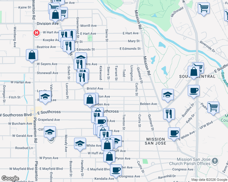 map of restaurants, bars, coffee shops, grocery stores, and more near 214 Bristol in San Antonio