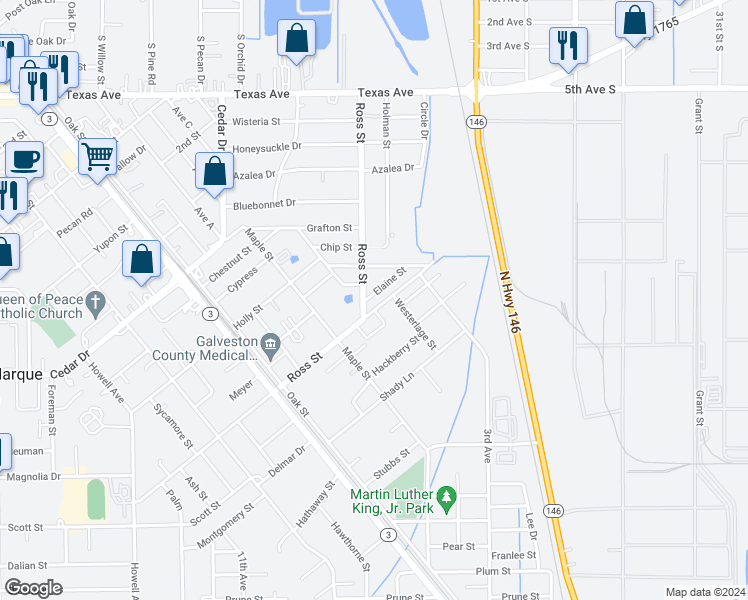 map of restaurants, bars, coffee shops, grocery stores, and more near 323 Elaine Street in La Marque