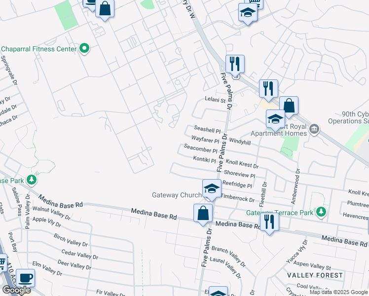 map of restaurants, bars, coffee shops, grocery stores, and more near 151 Seacomber Place in San Antonio