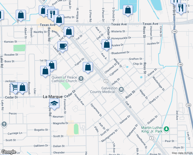 map of restaurants, bars, coffee shops, grocery stores, and more near 1017 Cedar Drive in La Marque