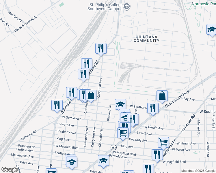 map of restaurants, bars, coffee shops, grocery stores, and more near 330 Baker Avenue in San Antonio