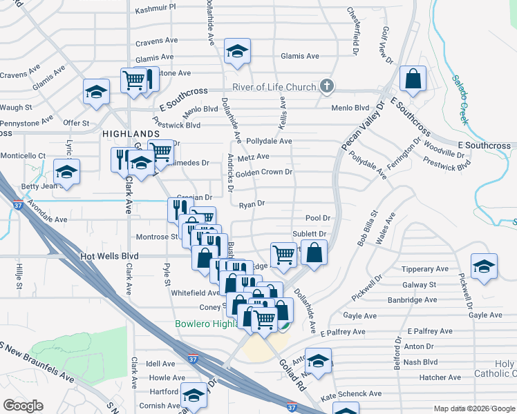 map of restaurants, bars, coffee shops, grocery stores, and more near 202 Ryan Drive in San Antonio