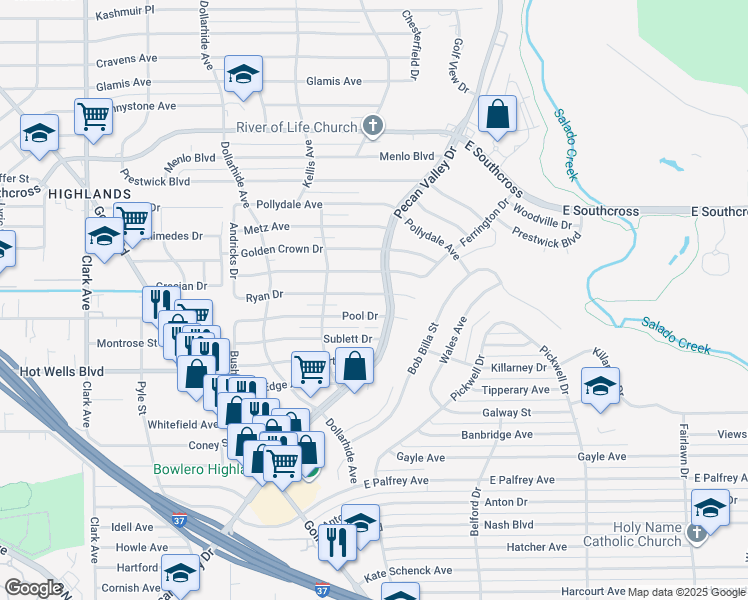 map of restaurants, bars, coffee shops, grocery stores, and more near 338 Ryan Drive in San Antonio