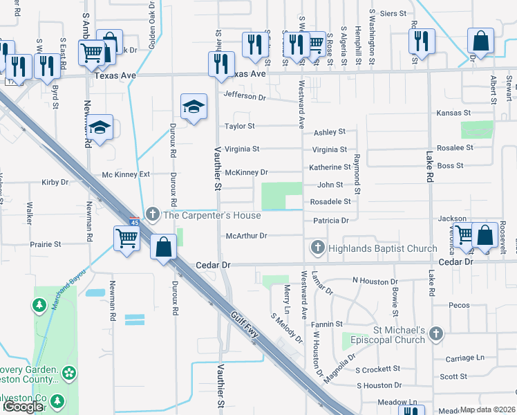map of restaurants, bars, coffee shops, grocery stores, and more near 923 Kenneth Street in La Marque