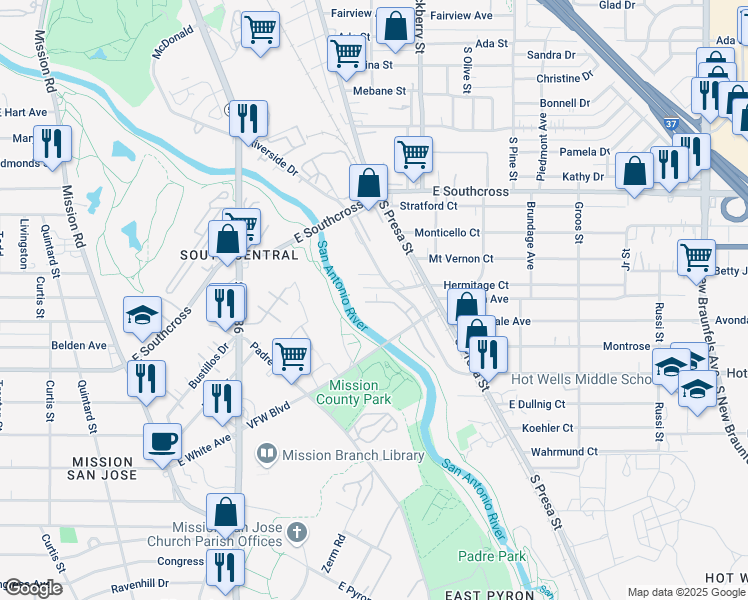 map of restaurants, bars, coffee shops, grocery stores, and more near 206 West Hermitage Court in San Antonio