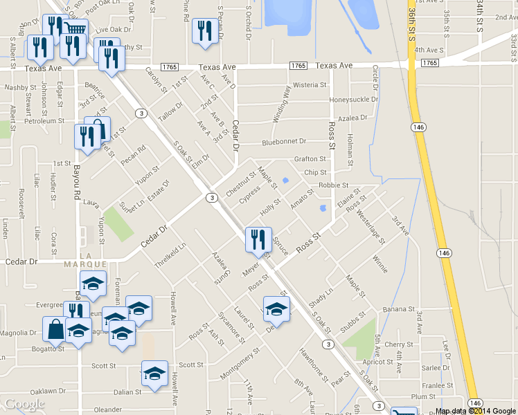 map of restaurants, bars, coffee shops, grocery stores, and more near 840 Holly Street in La Marque