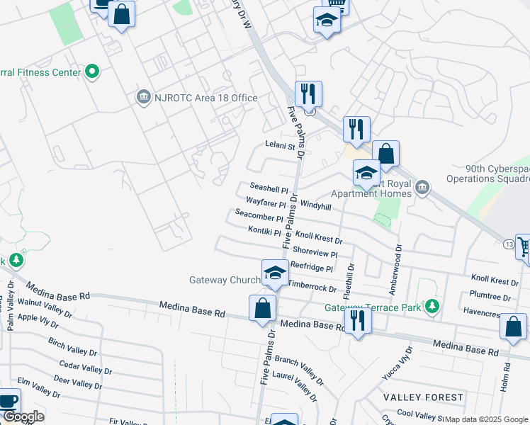 map of restaurants, bars, coffee shops, grocery stores, and more near 127 Seacomber Place in San Antonio